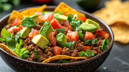 A vibrant bowl of seasoned meat topped with fresh avocado, tomatoes, and herbs, surrounded by chips