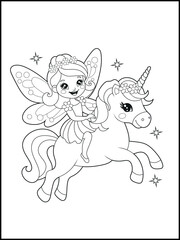 Black and white fairy coloring pages for kids. Children's coloring books with cute cartoon fairy and unicorn characters, fun and educational materials for kindergarten.
