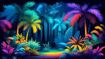 Vibrant neon rainforest scene. Tropical palm trees, lush foliage, and a rainbow path. Perfect for vibrant backgrounds and digital art.