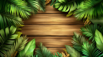 Lush tropical foliage arranged around a rustic wooden background, creating a vibrant and inviting frame. Perfect for summer themes, travel brochures, or product displays.