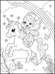 Black and white fairy coloring pages for kids. Children's coloring books with cute cartoon fairy and unicorn characters, fun and educational materials for kindergarten.
