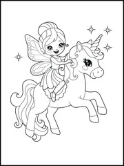 Black and white fairy coloring pages for kids. Children's coloring books with cute cartoon fairy and unicorn characters, fun and educational materials for kindergarten.

