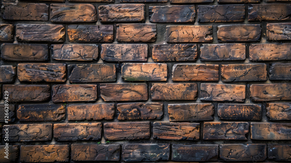 Poster textured brown brick wall with weathered appearance and unique patterns. bricks exhibit various shad