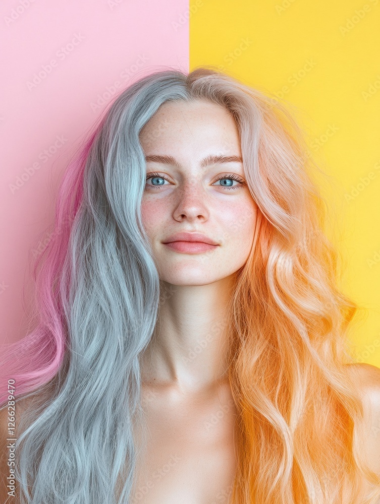 Poster transition from gray to vibrant dyed hair showcased in side by side display with clear background co