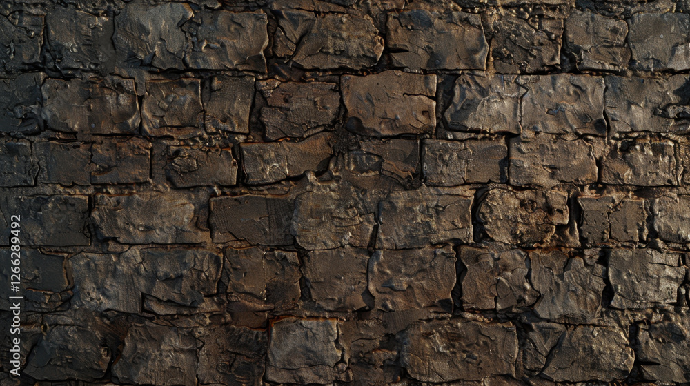 Poster rough textured stone wall with dark tones and uneven surfaces, creating rustic and aged appearance. 