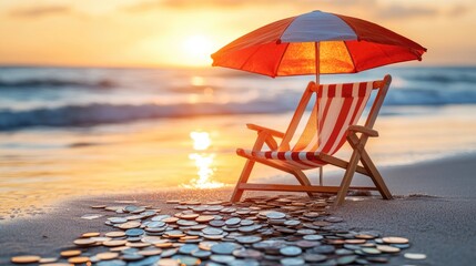 Beach chair, sunset, coins, ocean, relaxation, travel, financial freedom