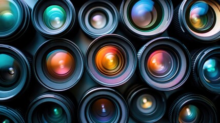 Arranging various camera lenses closely, reflecting vibrant colors and creating an abstract pattern that evokes themes of photography, filmmaking, and technology