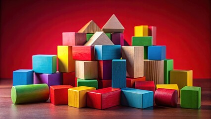 Obraz premium A vibrant collection of colorful wooden blocks arranged in a dynamic, whimsical structure against a rich red backdrop