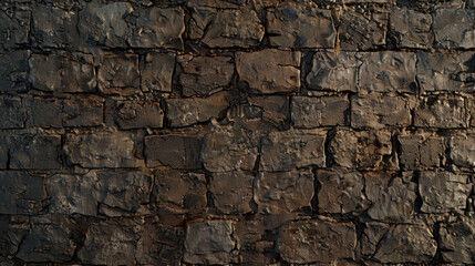 Fototapeta premium Rough textured stone wall with dark tones and uneven surfaces, creating rustic and aged appearance. Ideal for backgrounds or architectural designs