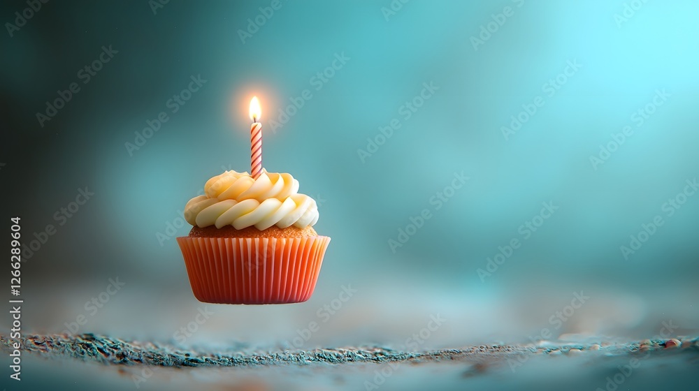 Poster a whimsical and captivating 3d rendered image of a floating cupcake with a single glowing candle set