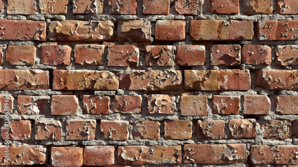 Poster close up view of weathered brick wall showcasing peeling paint and texture. bricks exhibit rustic ch