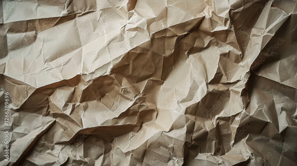 Poster crumpled brown paper texture with intricate folds and creases, creating unique and organic appearanc