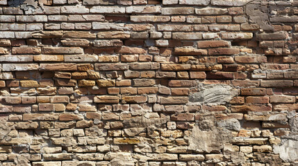 Obraz premium Old brick wall with weathered texture and various colors, showcasing rustic appearance and historical charm. uneven surface adds character to structure