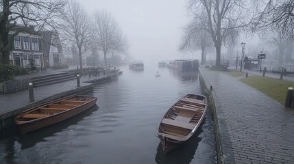 Obraz premium Misty canal scene, Dutch town, quiet morning