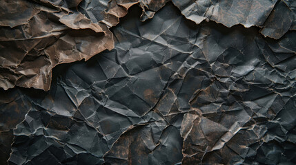 Crumpled black and brown paper texture with deep creases and folds, creating dramatic and artistic background. Ideal for design projects or as backdrop