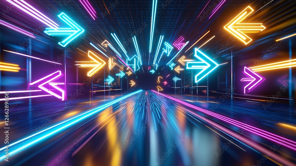 Poster illuminated arrows glowing in a futuristic tunnel with motion blur and geometric pattern