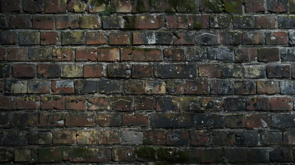 Obraz premium weathered brick wall with moss and dirt, showcasing rustic texture and earthy tones. uneven surface adds character and depth to structure