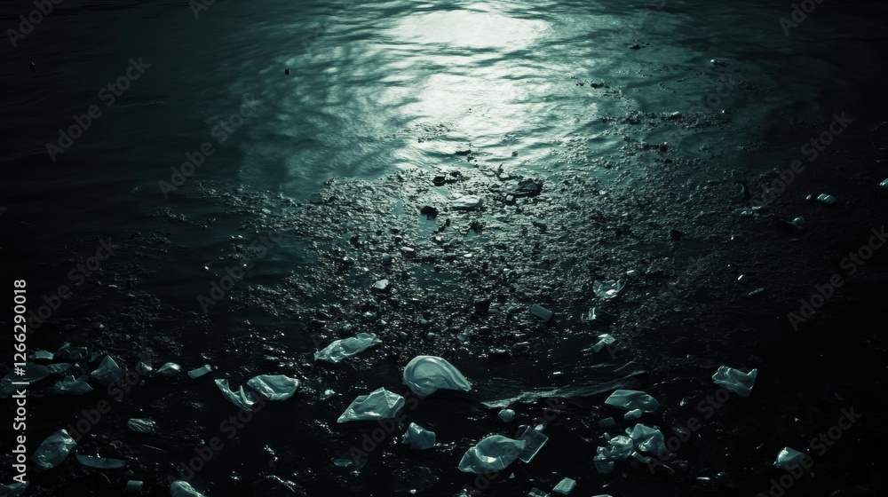 Poster floating plastic waste and debris pollution on ocean surface highlighting environmental issues. gene