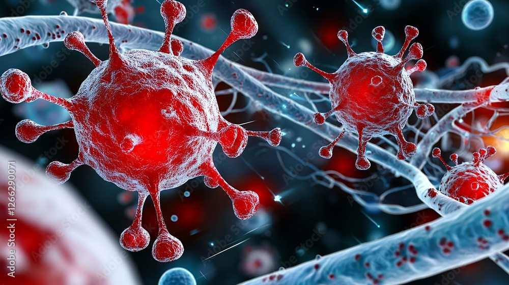 Aufkleber microscopic red virus rendering with spikes and blue veins on abstract background