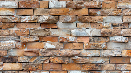 Obraz premium Textured brick wall with various shades of brown and gray, showcasing rustic appearance and natural imperfections. Ideal for architectural backgrounds or design elements