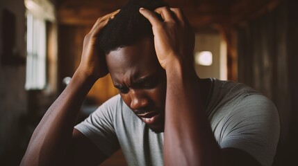 Frustrated young african-american man holding his head in distress while sitting indoors