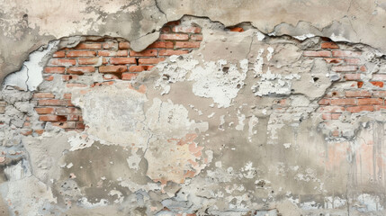 weathered wall with exposed bricks and peeling paint, showcasing texture and decay. combination of colors and materials creates rustic and aged appearance