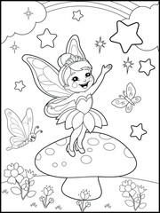 Black and white fairy coloring pages for kids. Children's coloring books with cute cartoon fairy characters, fun and educational materials for kindergarten.
