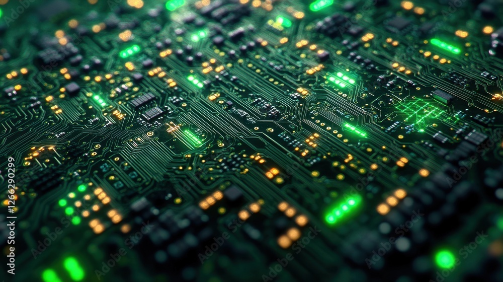 Poster close-up of illuminated circuit board, intricate pathways and glowing components. illustrates techno