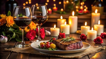 Fototapeta premium A romantic dinner for two with grilled steaks and red wine on a dimly lit tablecloth, surrounded by candles and flowers , candlelight, wine and cheese