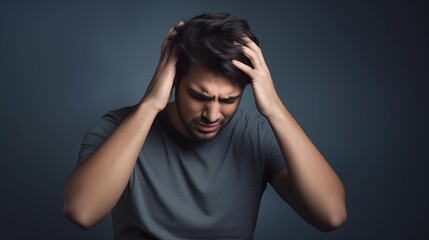 Young man suffering from stress holding his head with both hands, isolated on a dark background. 