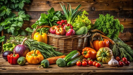 A vibrant arrangement of fresh seasonal produce on a rustic wooden table
