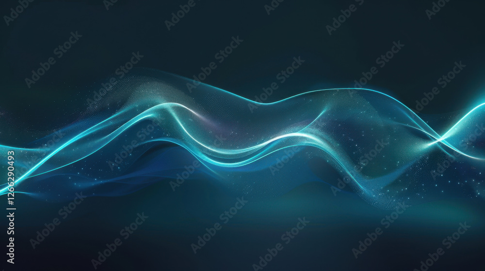 Poster abstract blue wave design with glowing particles and smooth curves, creating sense of motion and dep