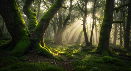Obraz premium Sunlight Streaming Through Mossy Forest Creating Magical Natural Environment