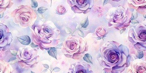 A Delicate Watercolor Pattern of Pastel Roses with Soft Lavender and Pink Hues on a Light Background