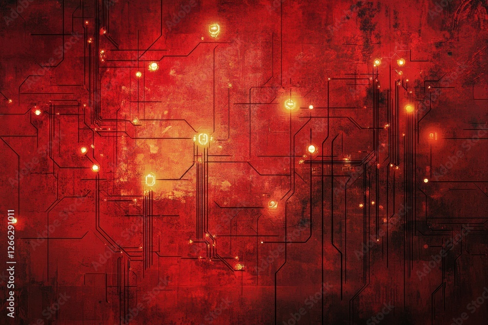 Poster abstract red circuit board design with glowing nodes. ideal for tech, futuristic, or network concept