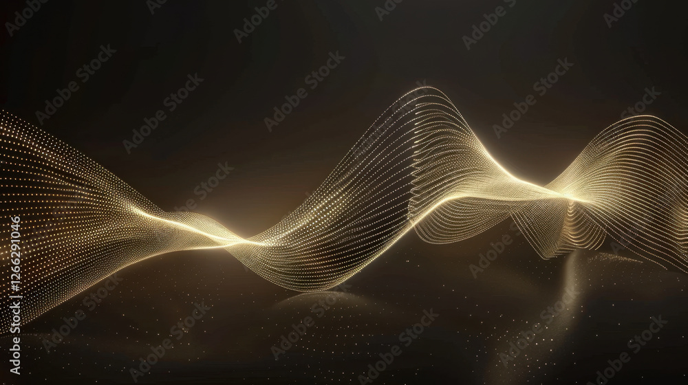 Poster abstract golden wave pattern with glowing dots and smooth curves, creating sense of movement and ele