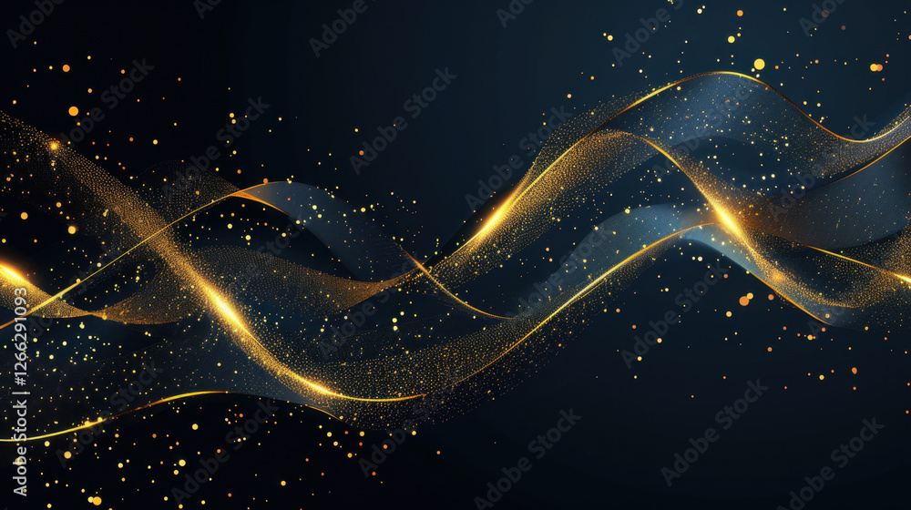 Poster mesmerizing abstract background featuring flowing golden waves and sparkling particles, creating sen