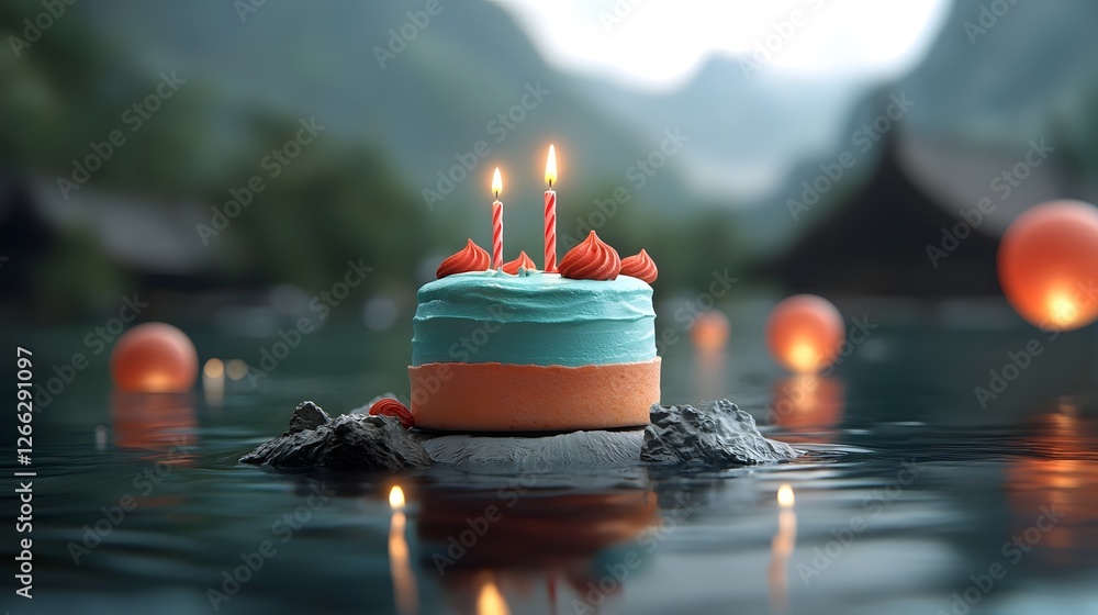 Poster a breathtaking digital 3d rendered image of a birthday cake surrounded by a cluster of glowing float