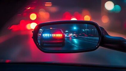 Nighttime police car in rearview mirror, city lights blurred background. Possible use accident report, police chase