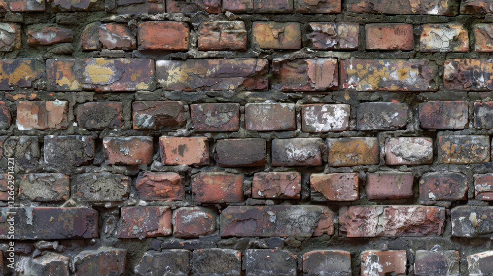 Poster weathered brick wall with various colors and textures, showcasing beauty of aged materials. bricks d