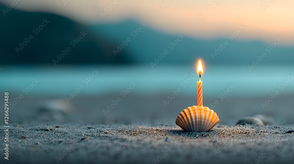 Poster a 3d rendered image of a small glowing candle burning inside a seashell resting on the sandy beach w