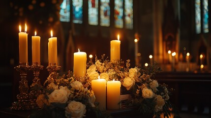 Lighted Candles and Flowers in Church Setting
