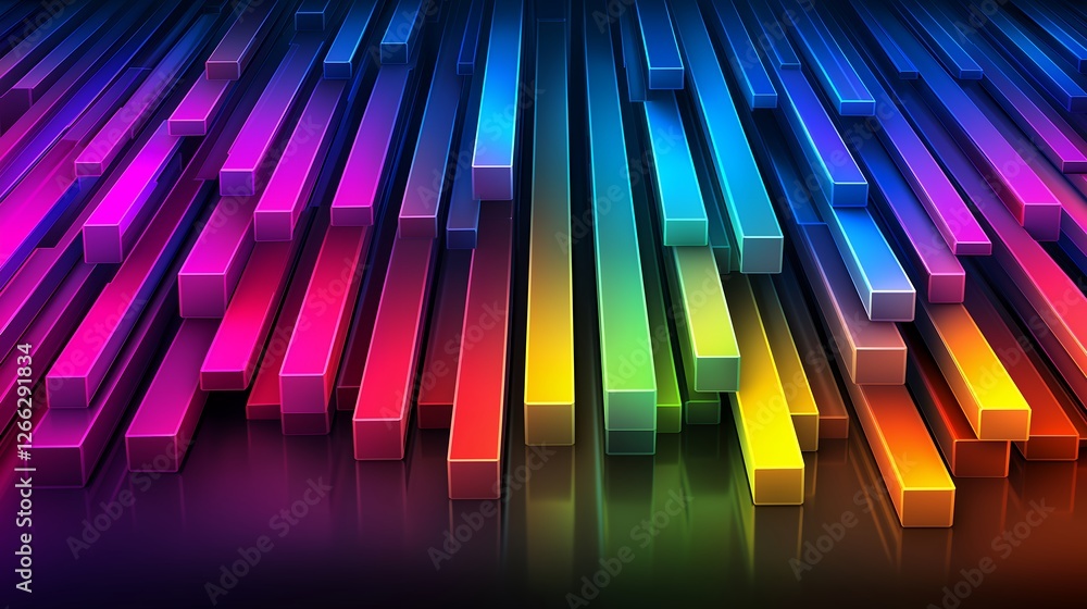 Poster vibrant 3d abstract background with rainbow colored rectangular bars on a black reflective surface