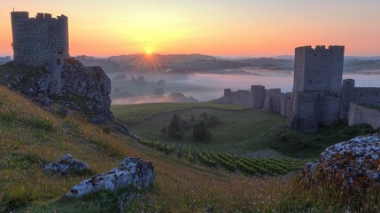 Obraz premium Ancient stone castles at sunrise over vineyard valley