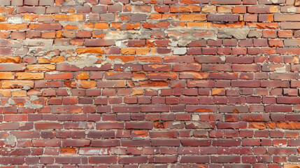 Naklejka premium Old brick wall with weathered texture and peeling paint, showcasing mix of red and orange bricks. surface displays signs of age and wear, adding character to structure