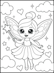 Black and white fairy coloring pages for kids. Children's coloring books with cute cartoon fairy characters, fun and educational materials for kindergarten.
