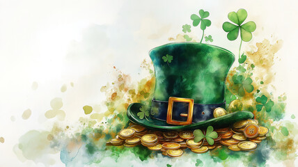 St Patricks Day themed watercolor border with gold coins clovers and leprechaun hat