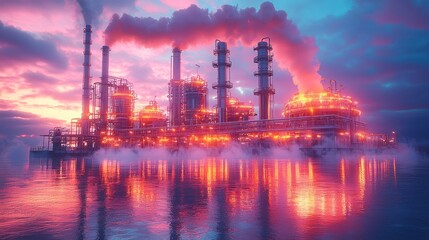 Fototapeta premium Industrial Refinery at Sunset Reflecting on Water