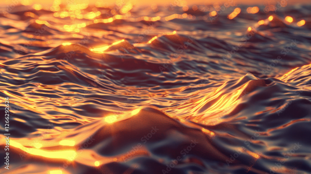 Poster image captures shimmering ocean waves reflecting warm sunlight, creating tranquil and mesmerizing sc