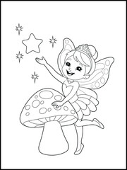 Black and white fairy coloring pages for kids. Children's coloring books with cute cartoon fairy characters, fun and educational materials for kindergarten.
